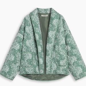 Green Floral Double Pockets Quilted Coat